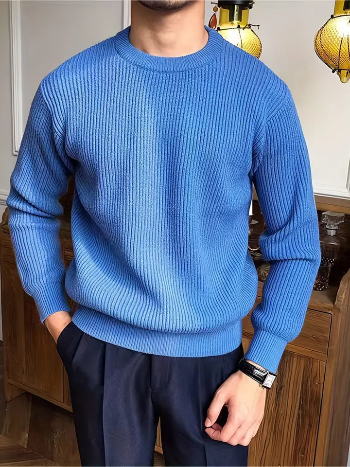 Men's ribbed crew neck jumper in blue – Quinlan – front view