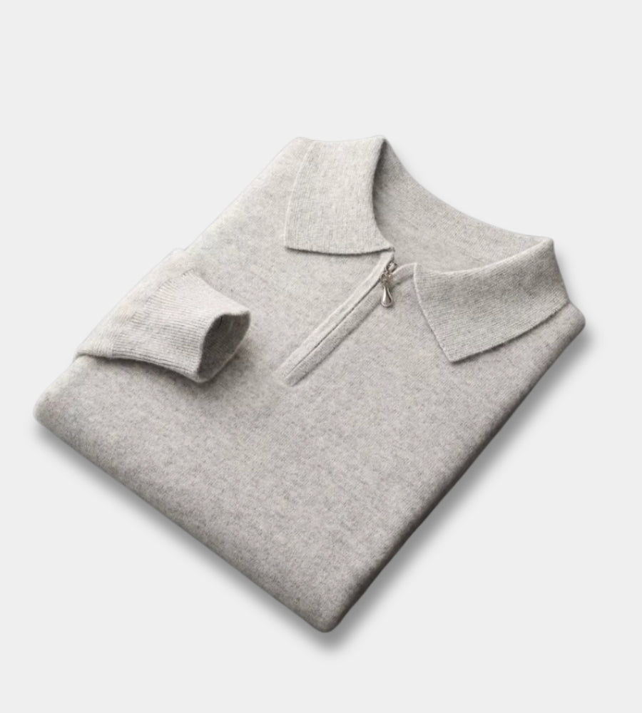 Men's grey half zip knitted polo jumper – folded