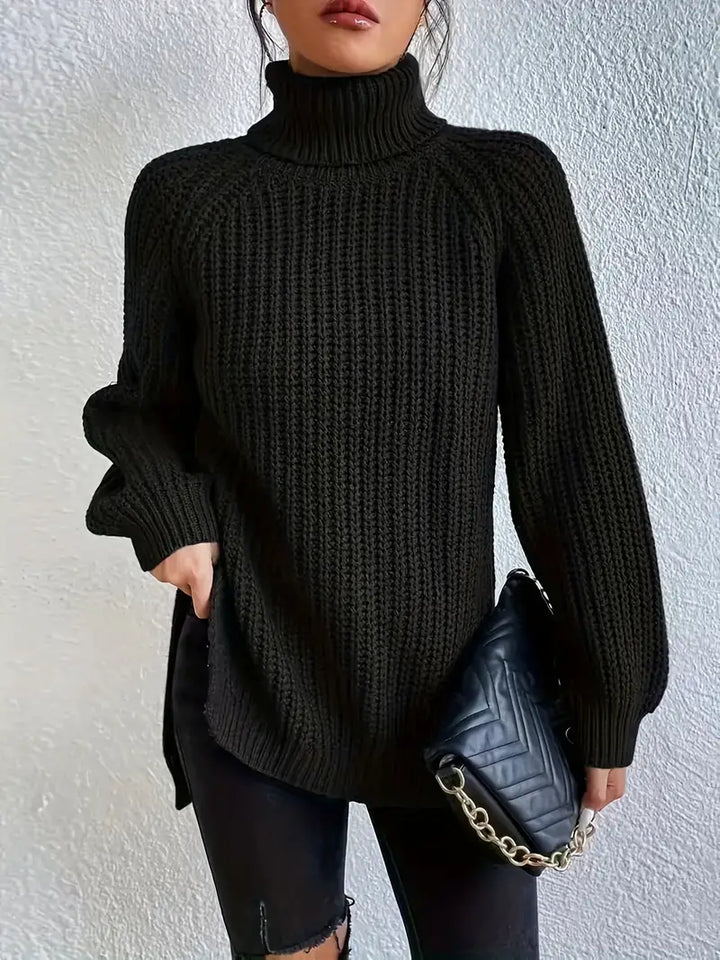 Annie - Women's chunky roll neck jumper in Black – front view