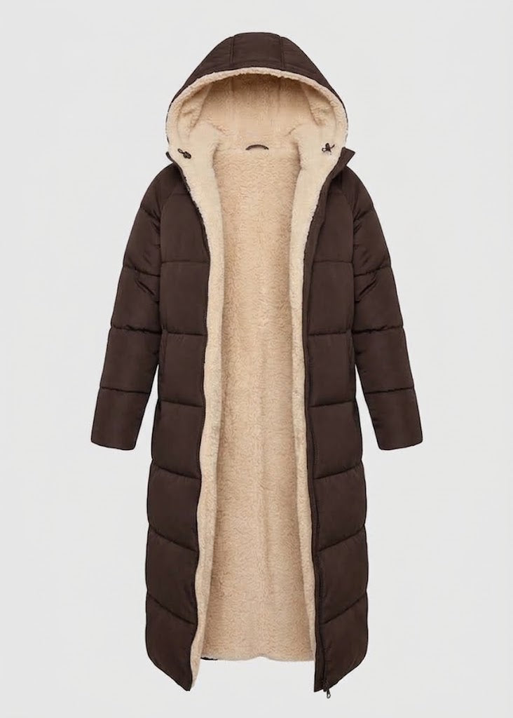 Wells women's sherpa-lined puffer coat in Dark Brown – front view