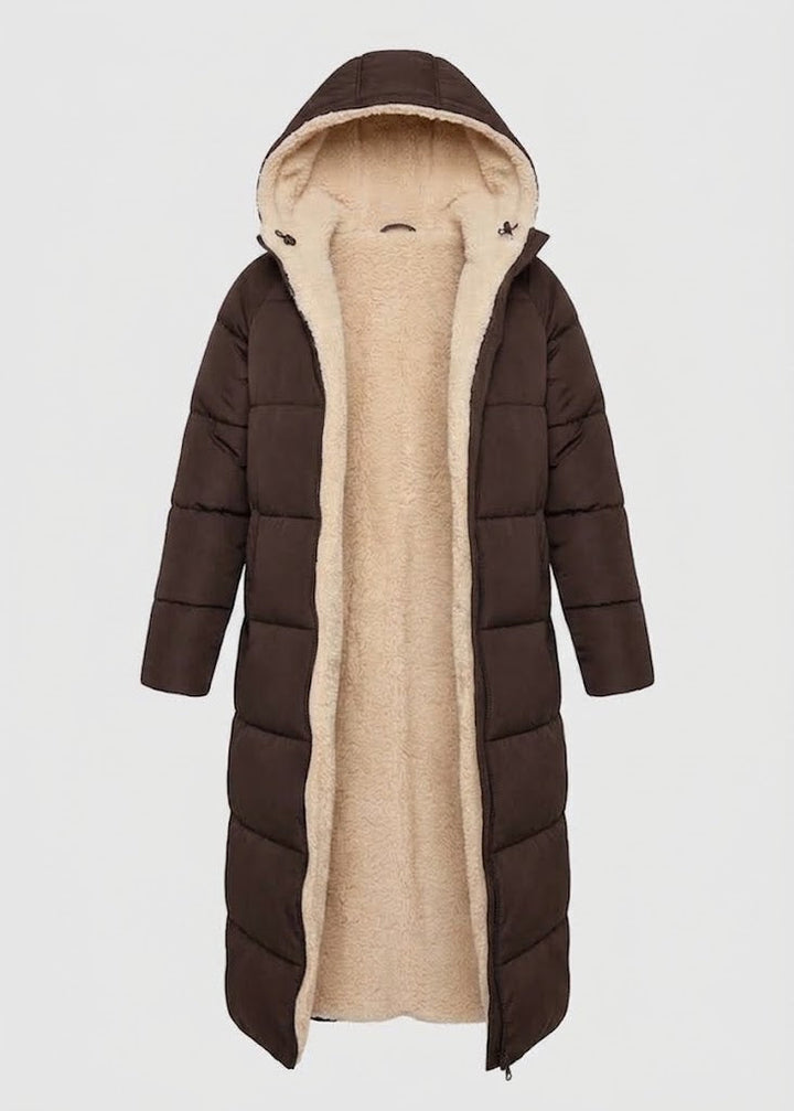 Wells women's sherpa-lined puffer coat in Dark Brown – front view