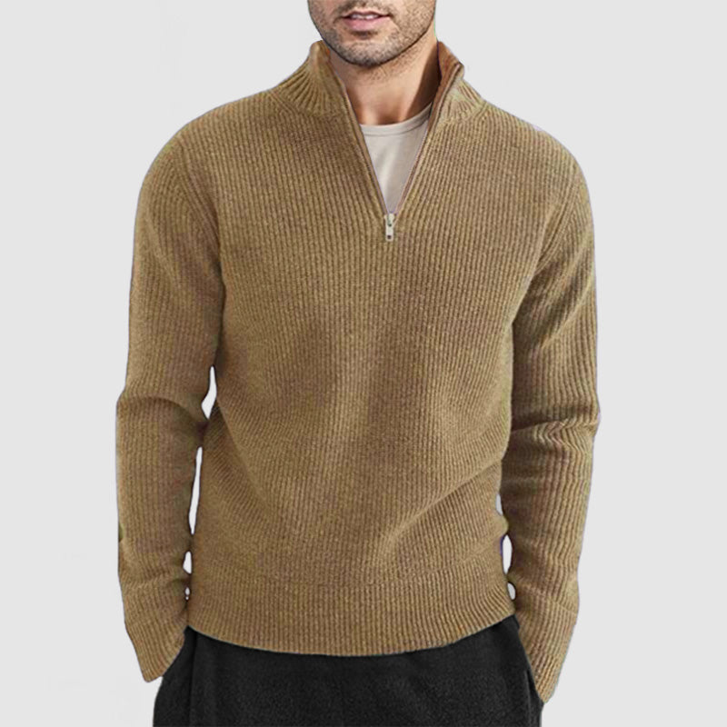Men's Ribbed Quarter Zip Jumper – Galen in Khaki, front view