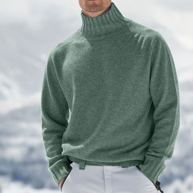 Men's Soft Knit Roll Neck Jumper – Kaius in Green, outdoor winter view