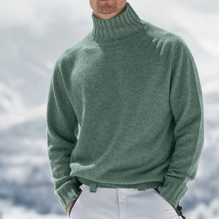 Men's Soft Knit Roll Neck Jumper – Kaius in Green, outdoor winter view