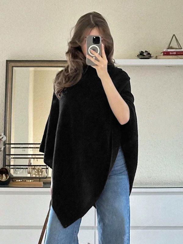 Women's Soft Knit Poncho Cape with Asymmetric Hem – Abersoch – Black – front view