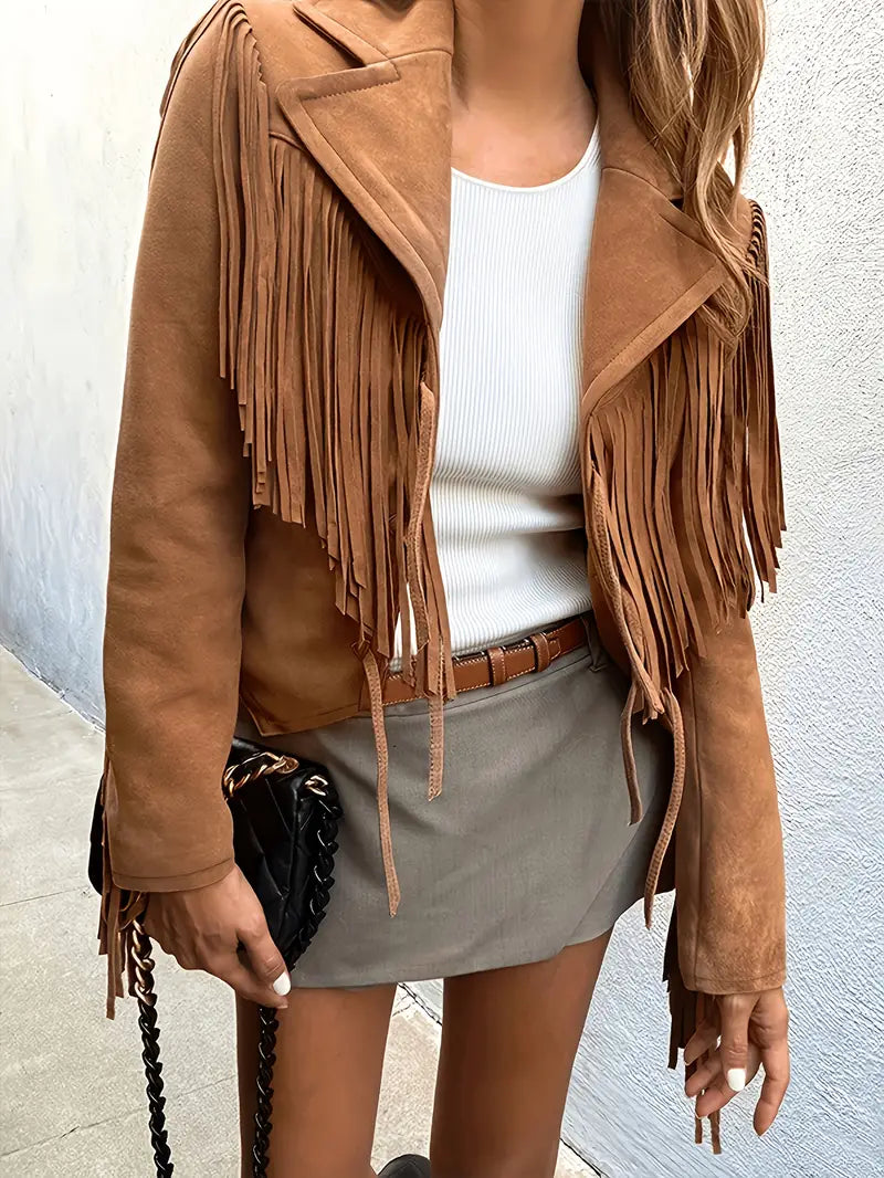 Runswick women's fringe jacket in Tan – front view