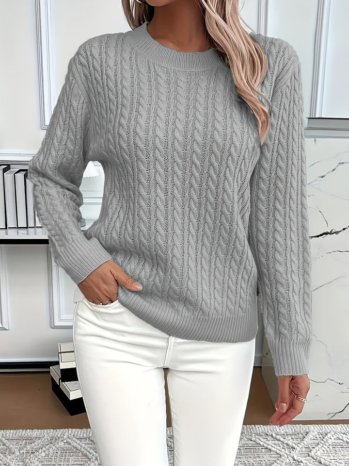 Women's cable knit jumper Rosalina in Grey – front view hand in pocket