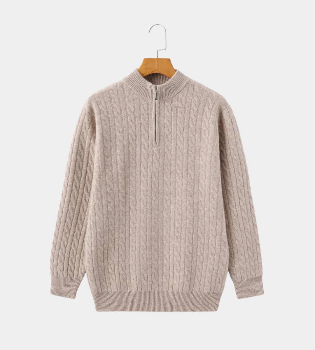 Men's beige cable knit quarter zip jumper – full front view