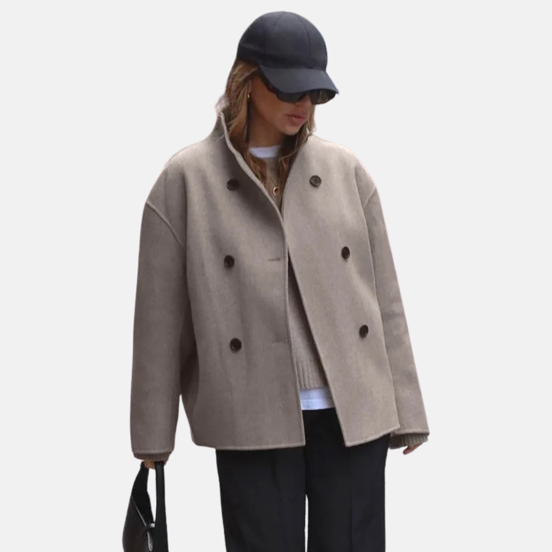 Women's short double breasted coat Ailsa in Brown – open front view