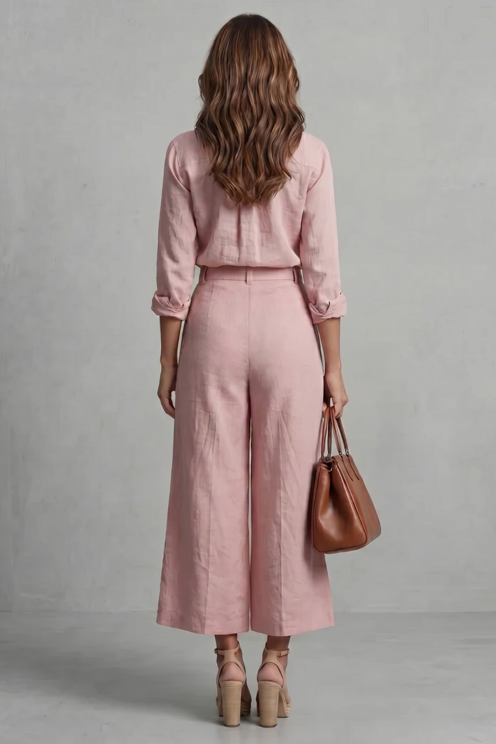 Women's Linen Look Shirt and Wide-Leg Trouser Co-ord Set - Delphiere