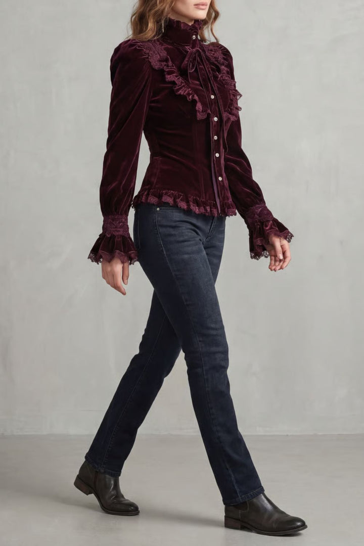 Women's Velvet Blouse with Ruffled Lace High Neck - Stellienne