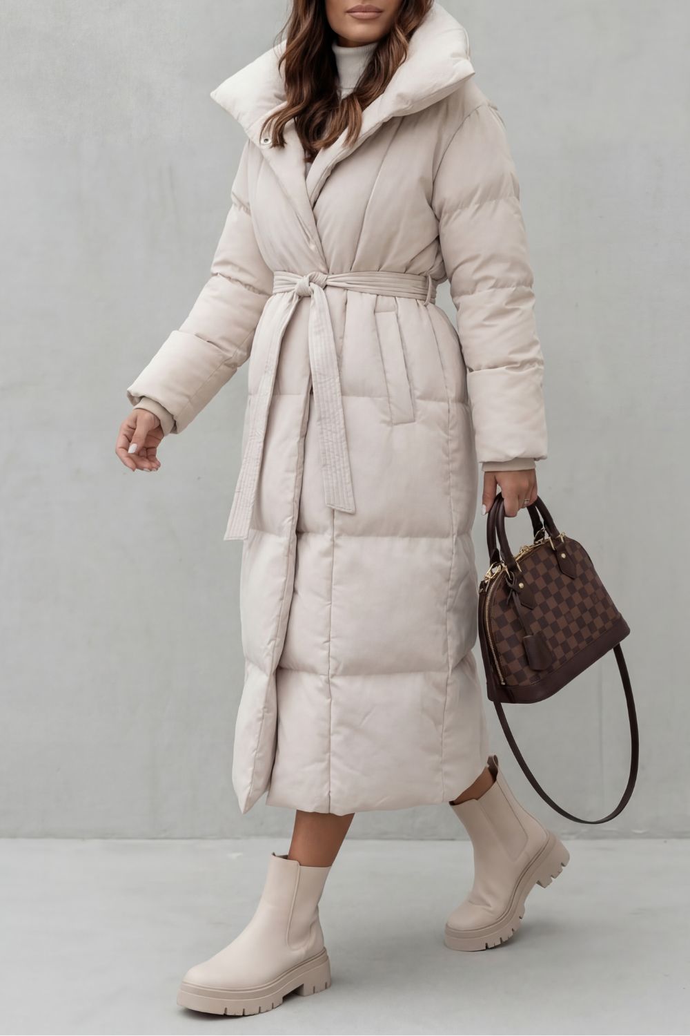Women's Belted Long Puffer Coat with Silhouette Design – Ines