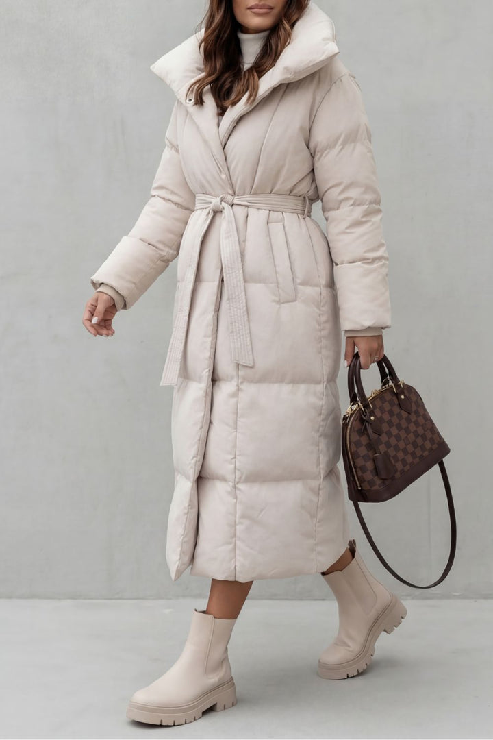 Women's Belted Long Puffer Coat with Silhouette Design – Ines