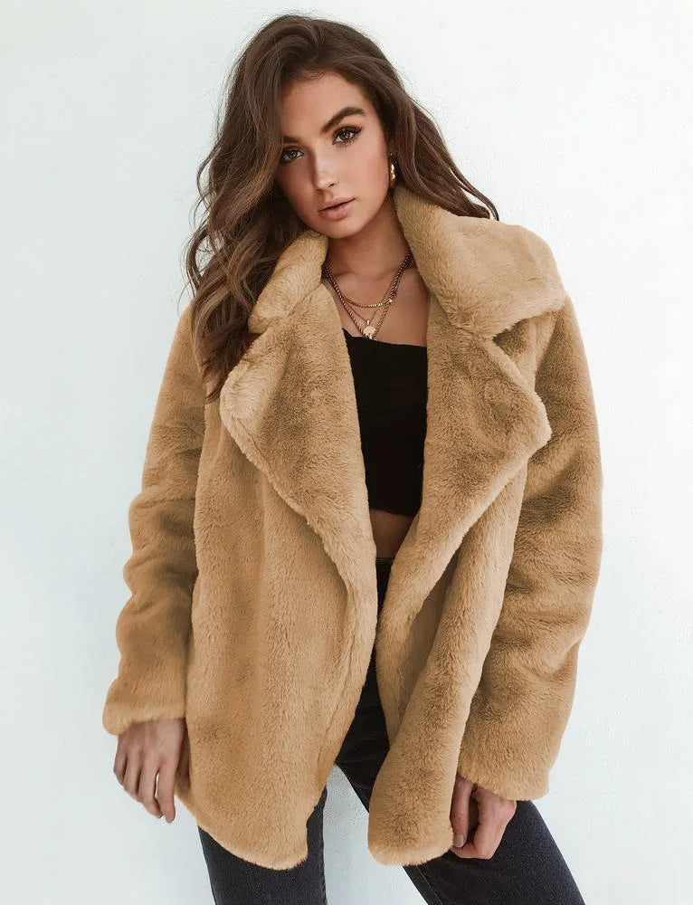 Women's Faux Fur Teddy Jacket with Wide Lapel Collar