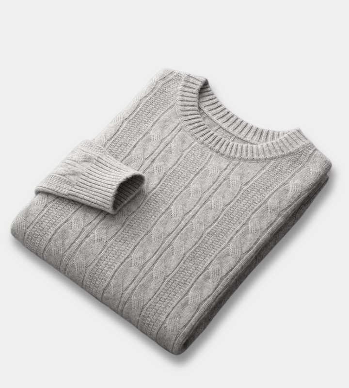 Men's light grey cable knit crew neck jumper – folded