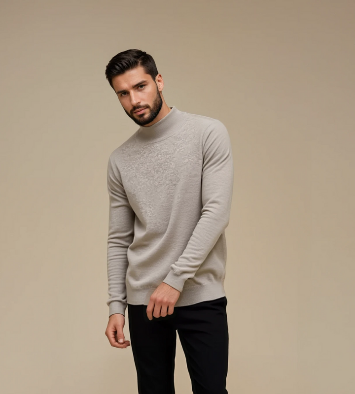 Men's stone soft knit mock neck jumper – worn by model, angled view