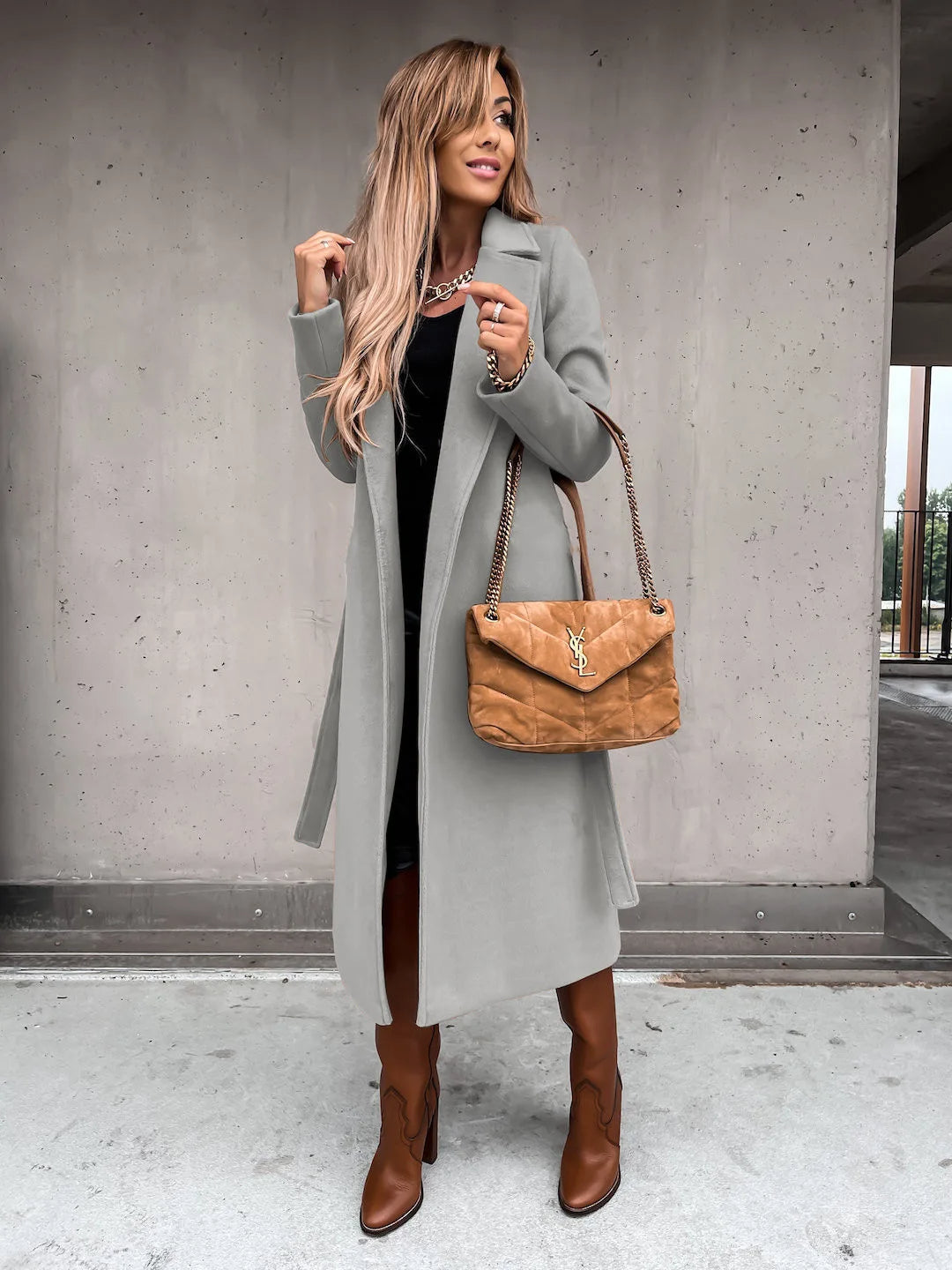 Women's belted wrap coat Lettie in Grey – worn open