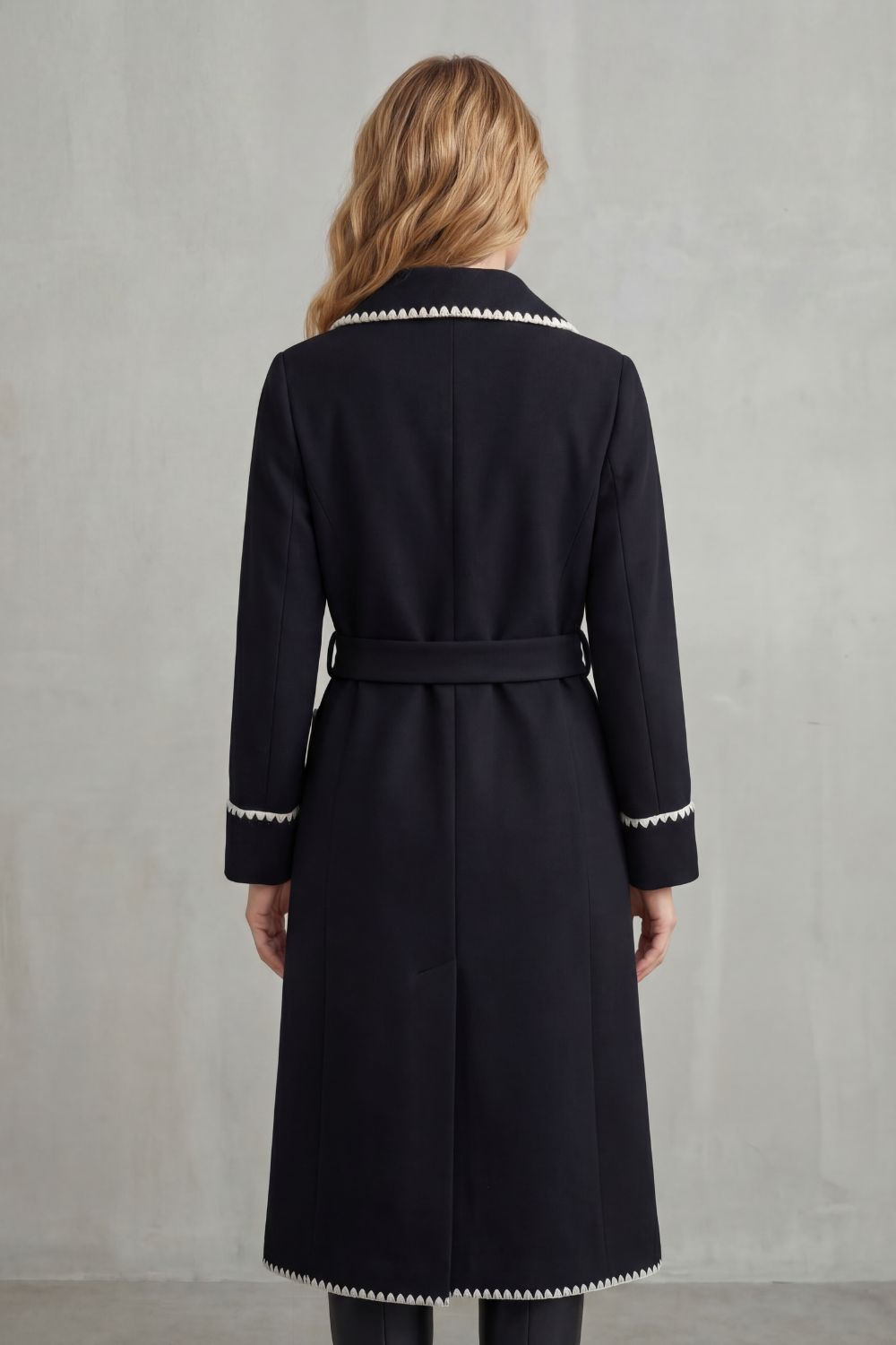 Women's Longline Belted Coat with Contrast Trim – Esme
