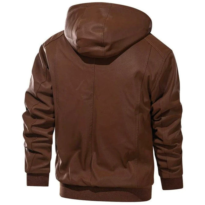 Men's hooded faux leather bomber jacket Highway in Brown – back view