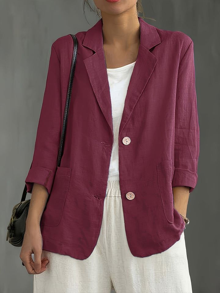 Women's Linen-Look Blazer with Patch Pockets and Rolled Sleeves – Ascot – Burgundy – front view