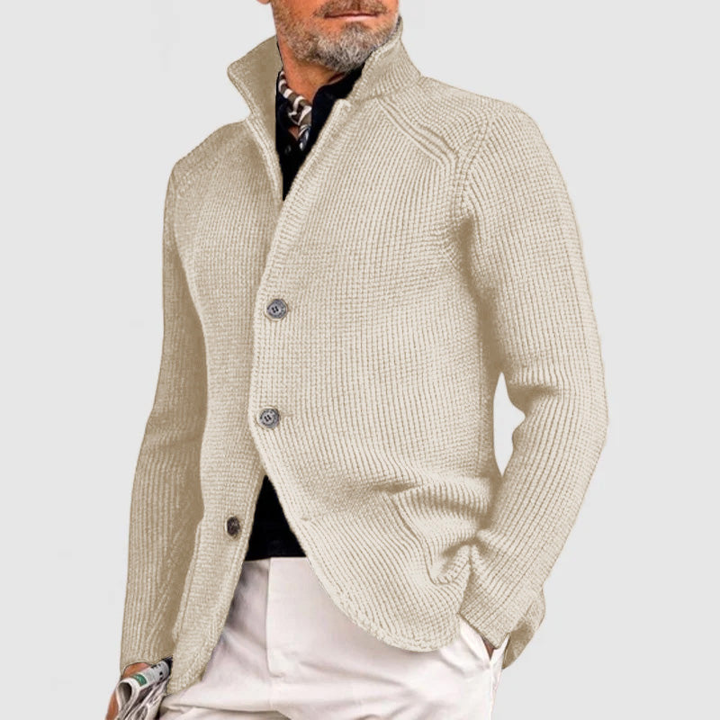 Men's stand collar knit cardigan Jorvik in White – front view