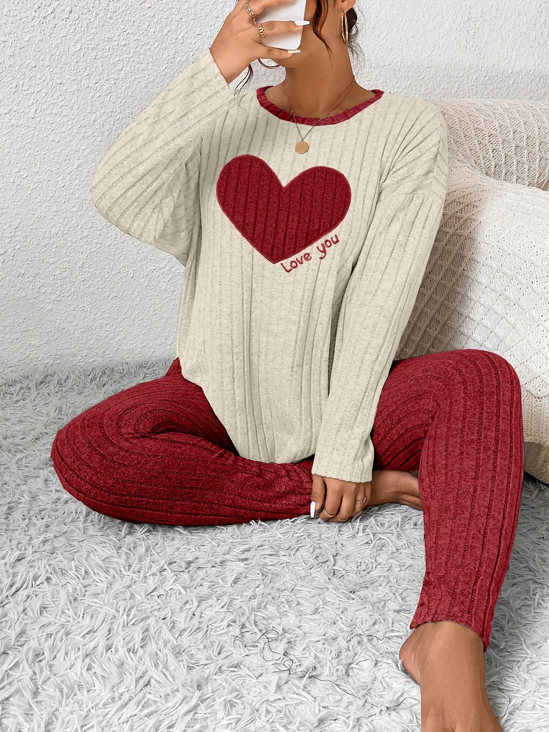 Women's Heart Print Loungewear Set Long Sleeve Top Trousers
