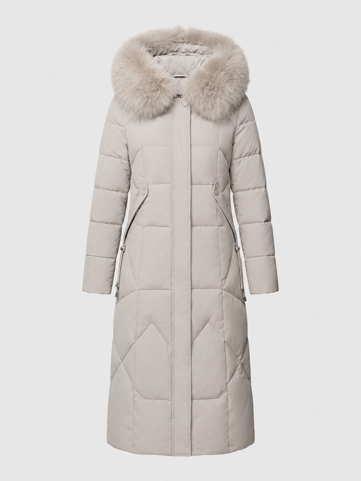 Halesworth women's long puffer coat in Stone – front view