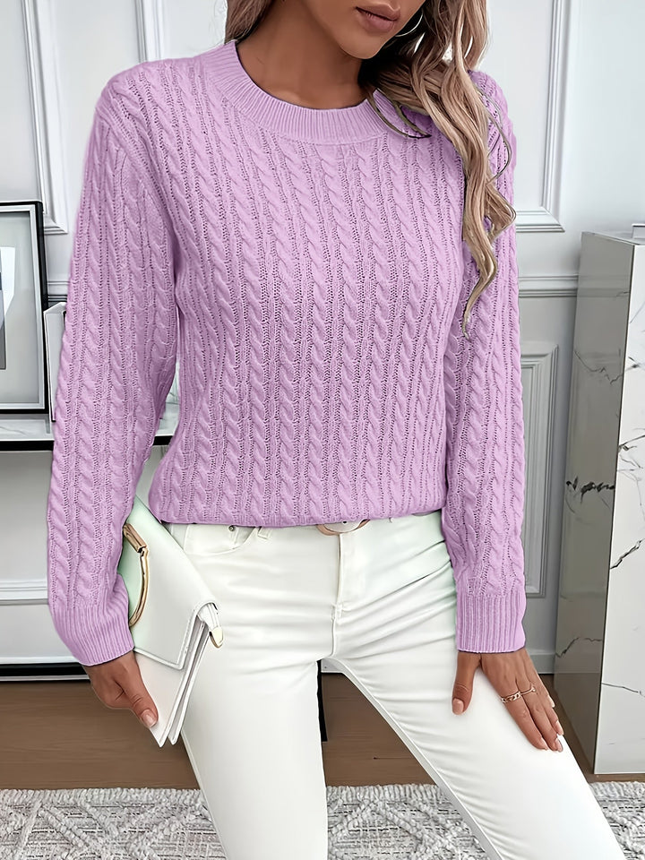 Women's cable knit jumper Rosalina in Purple – styled with white bag
