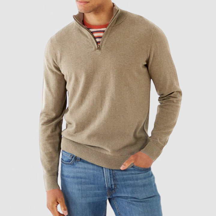 Men's Fine Knit Quarter Zip Jumper – Zarek in Khaki, front view
