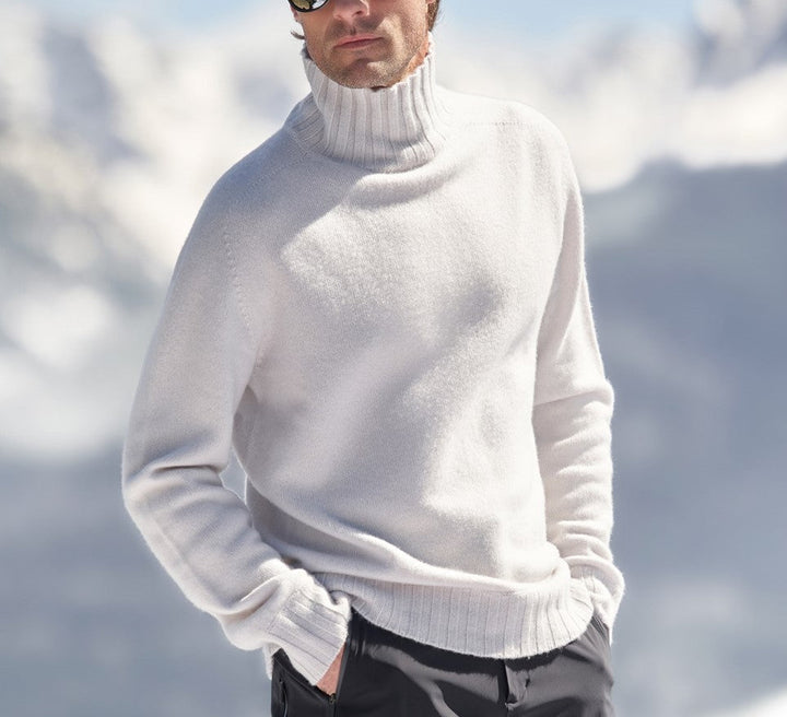 Men's Soft Knit Roll Neck Jumper – Kaius in White, outdoor winter view