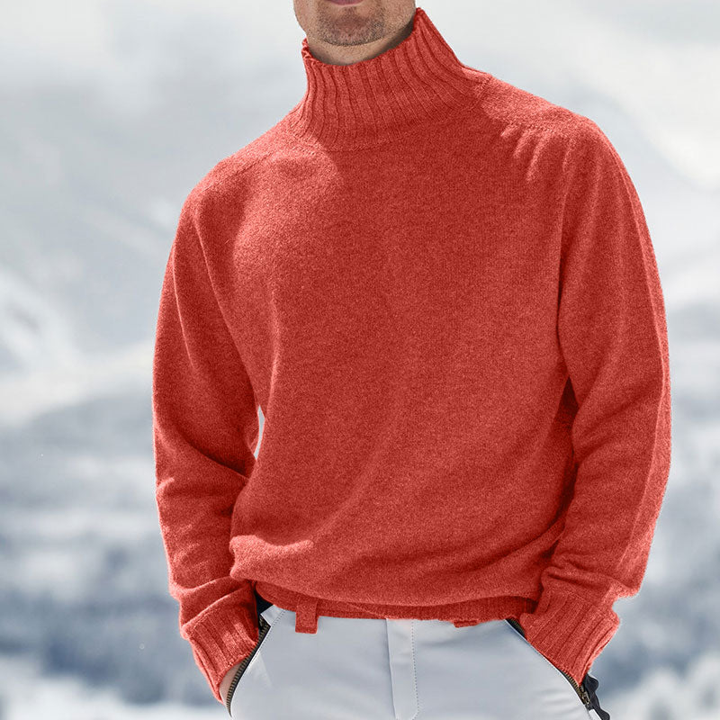 Men's Soft Knit Roll Neck Jumper – Kaius in Orange, outdoor winter view