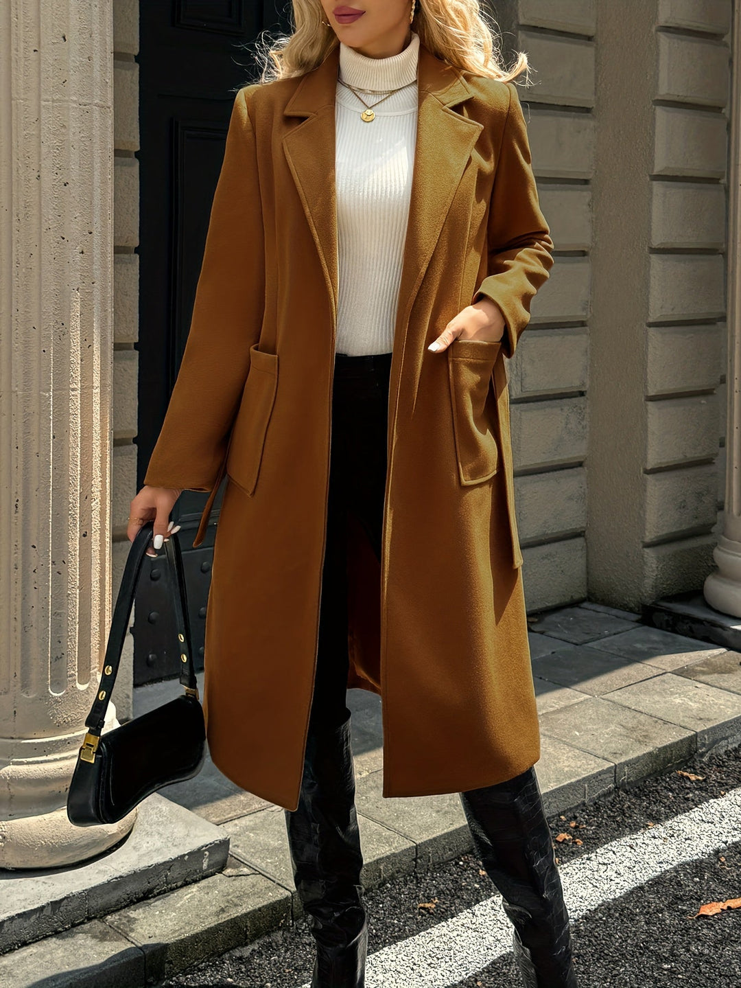 Women's belted wrap coat Romilly in Light Brown – worn open view