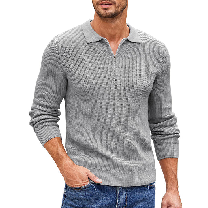 Men's Ribbed Zip Polo Jumper – Hambledon in Light Grey, front view