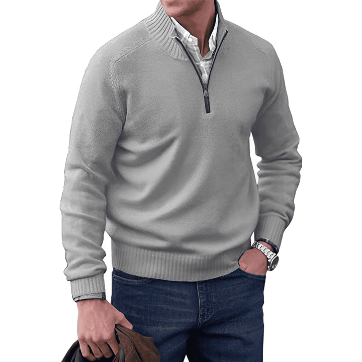 Men's soft knit quarter zip jumper Linton in Light Grey – front view