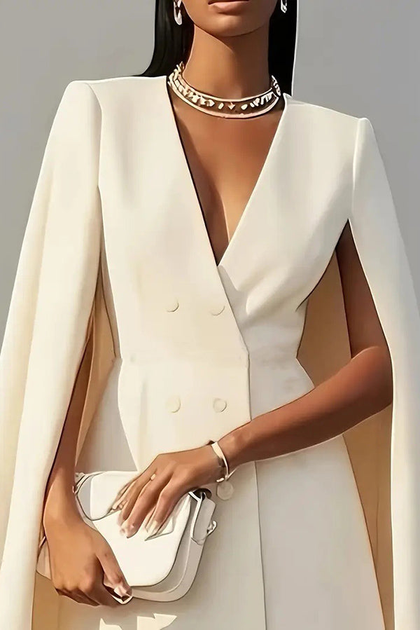 Arna - Solid Color V-Neck Double Breasted Cape Formal Mini Dress