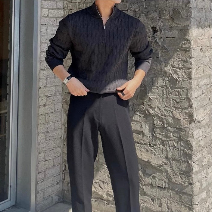 Men's cable knit half zip jumper in black – Paxton – full-length view