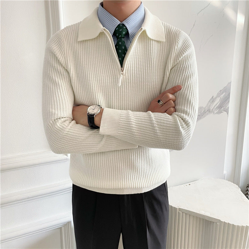 Men's waffle knit half zip polo jumper in white – Sylar – arms crossed, worn over shirt and tie