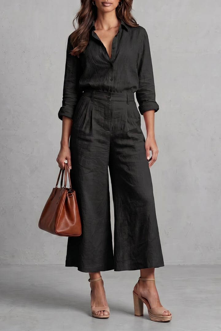 Women's Linen Look Shirt and Wide-Leg Trouser Co-ord Set - Delphiere