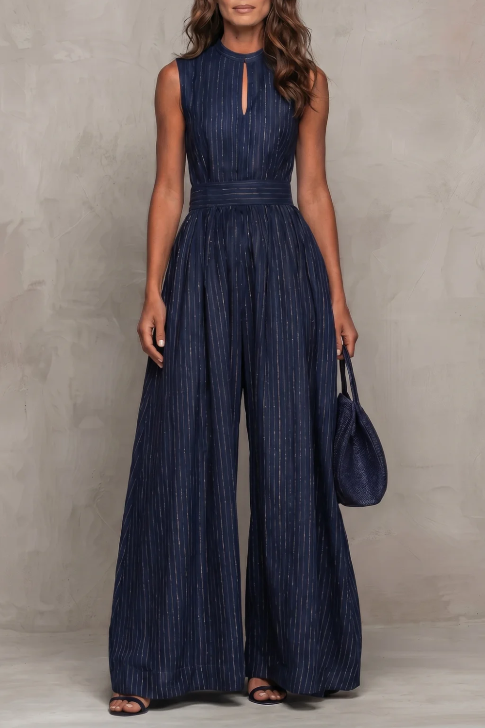 Women's Striped Wide Leg Jumpsuit with Keyhole Neckline - Ambrielle