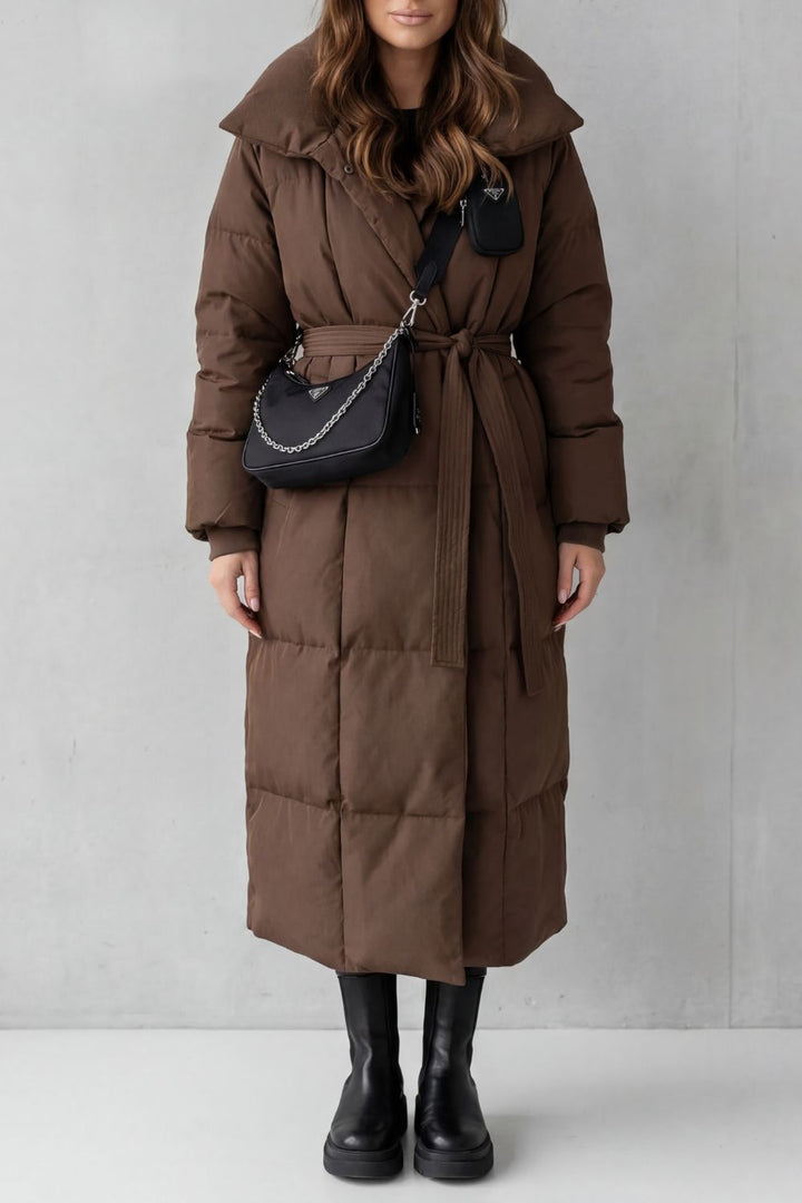 Women's Belted Long Puffer Coat with Silhouette Design – Ines