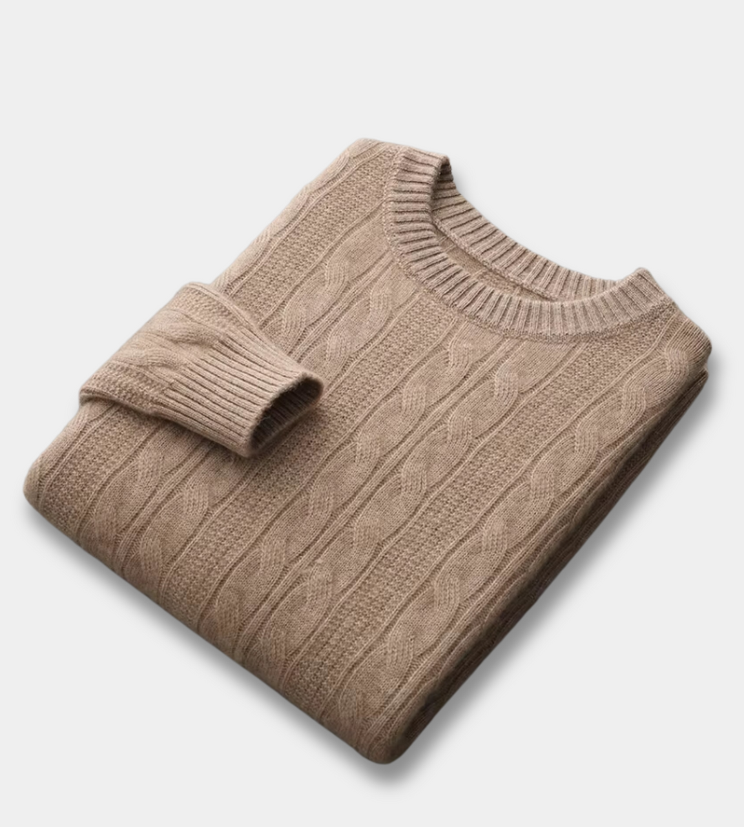 Men's dark beige cable knit crew neck jumper – folded
