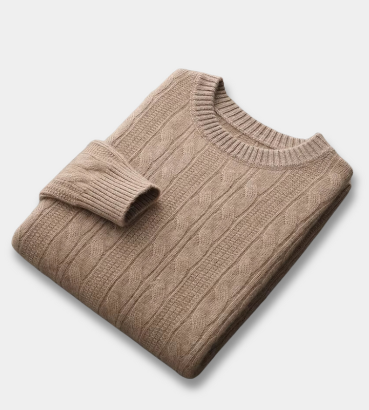 Men's dark beige cable knit crew neck jumper – folded