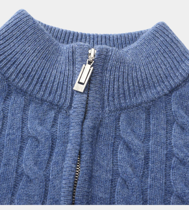 Blue cable knit quarter zip jumper – close-up of mock neck and zip