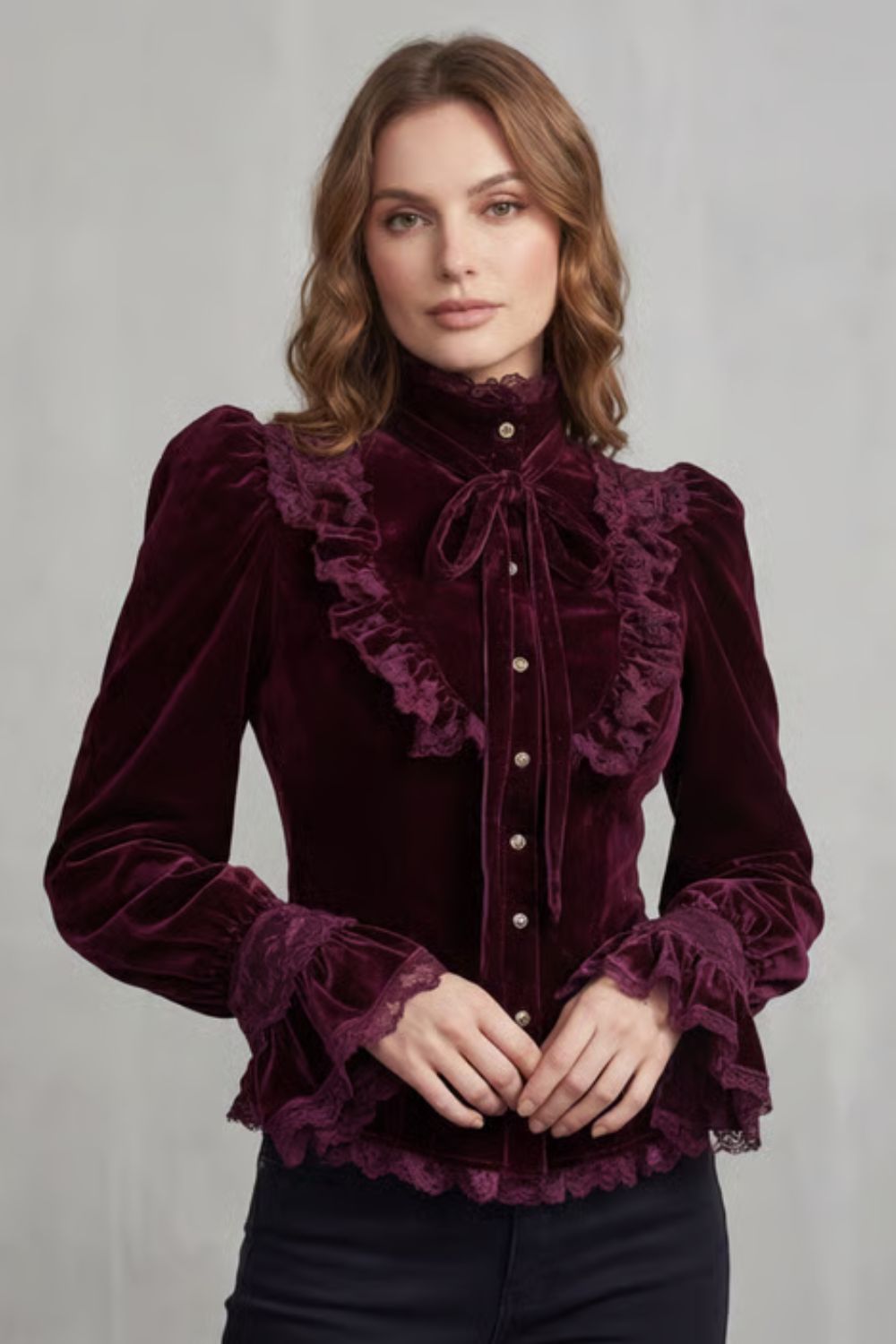 Women's Velvet Blouse with Ruffled Lace High Neck - Stellienne