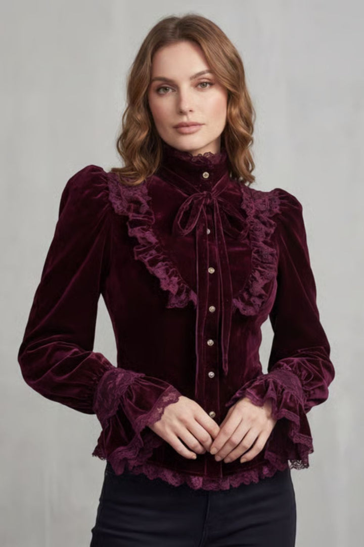 Women's Velvet Blouse with Ruffled Lace High Neck - Stellienne