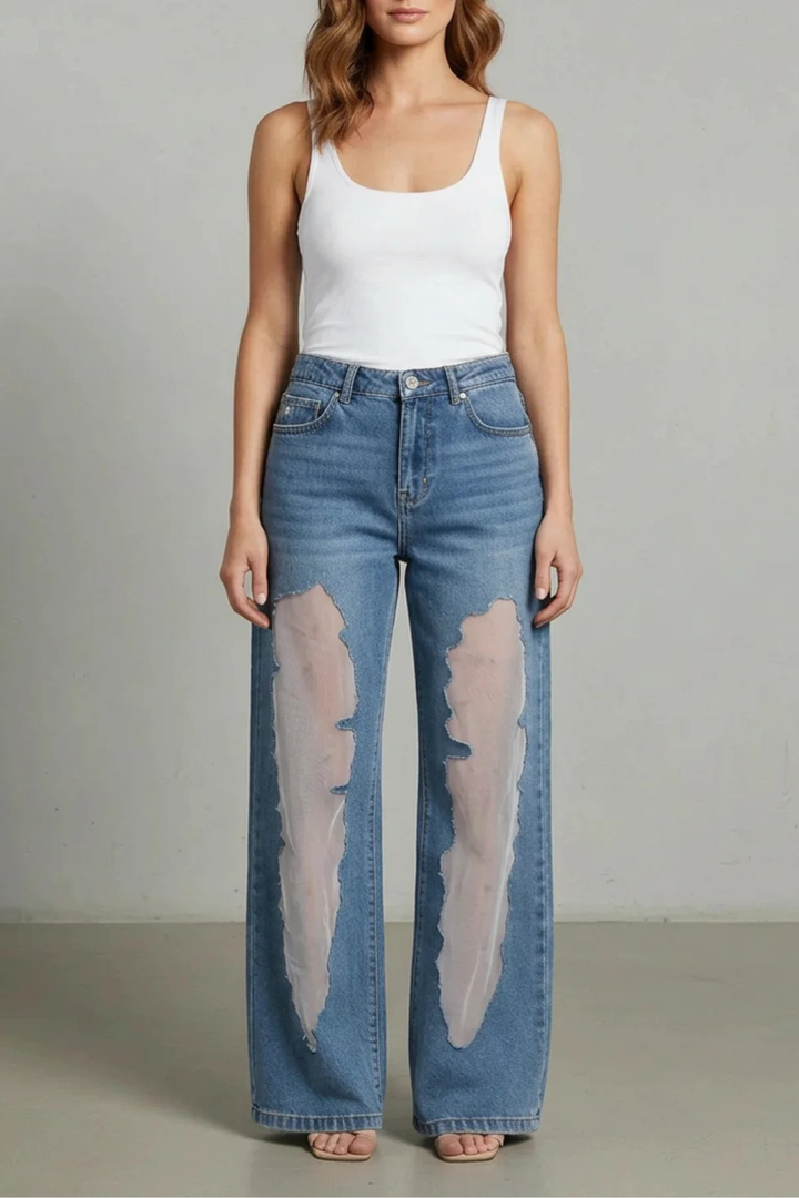 Women's High Waisted Wide Leg Patchwork Jeans - Ondrelle