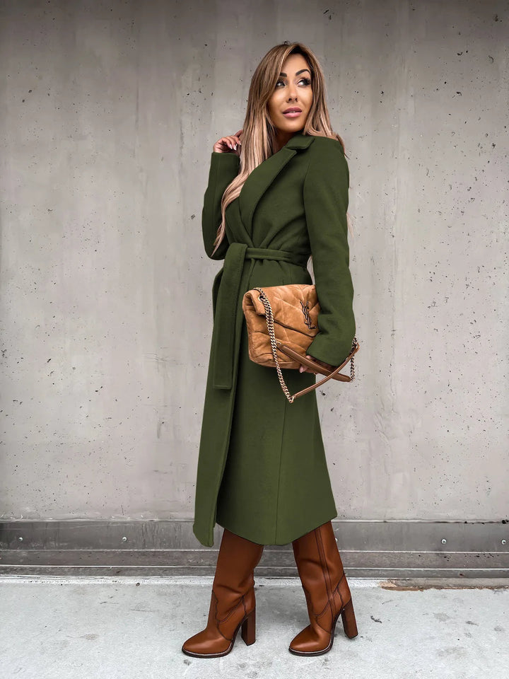 Women's belted wrap coat Lettie in Olive Green – front view