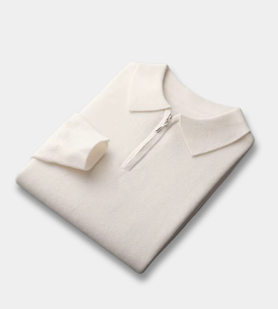 Men's cream half zip knitted polo jumper – folded