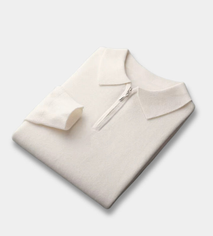 Men's cream half zip knitted polo jumper – folded