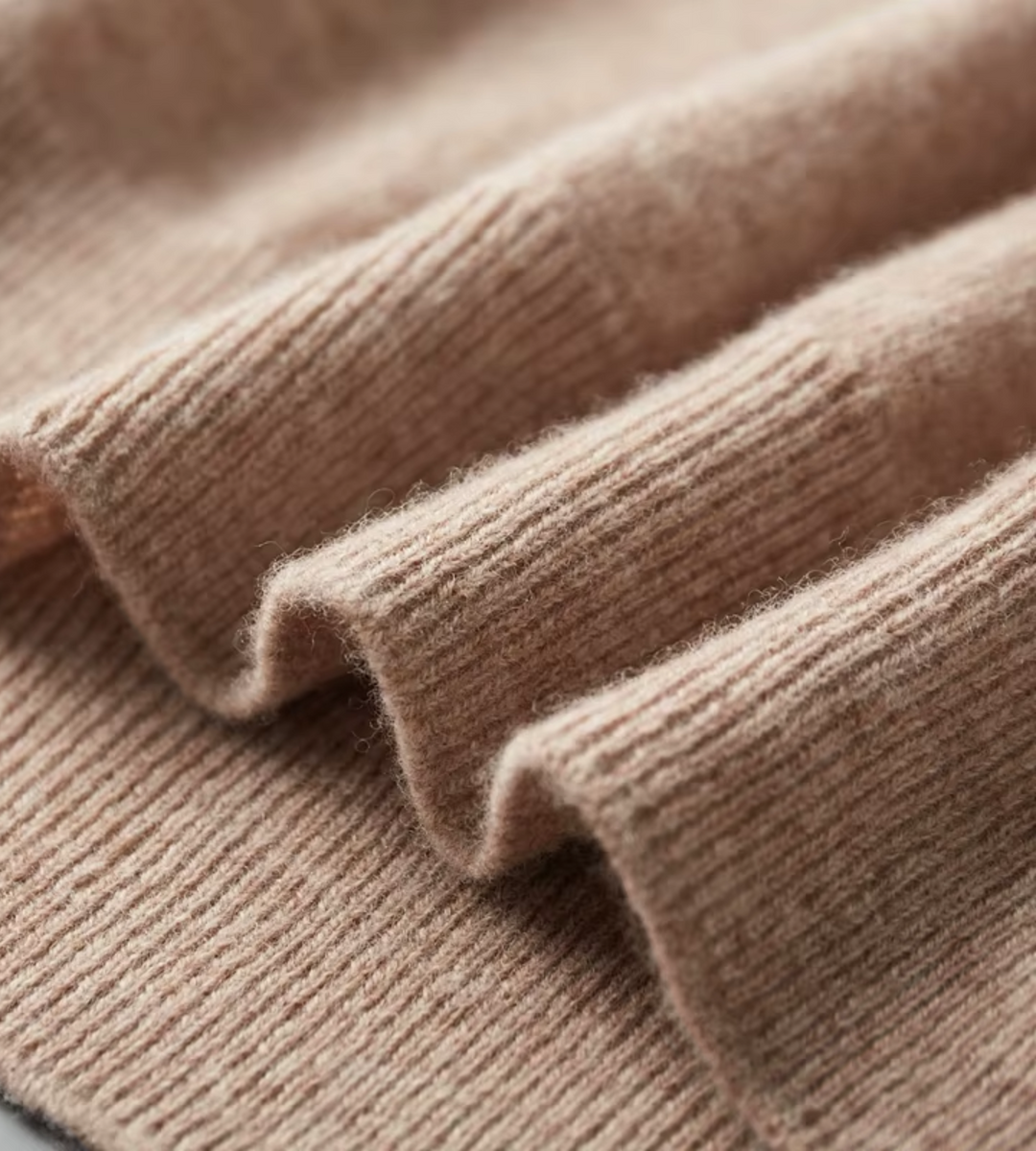 Taupe soft knit mock neck jumper – close-up of knit texture